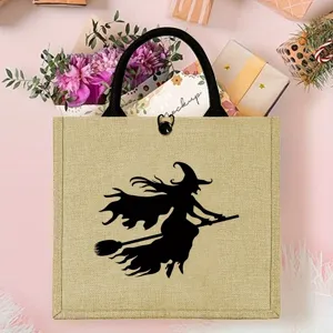Large jute tote bag featuring Halloween witch silhouette design, stylish and eco-friendly daily use.