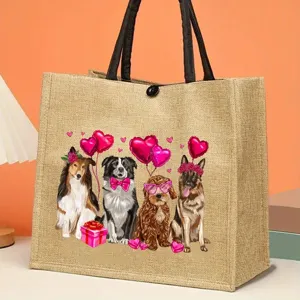 Jute shopper tas met schattige honden en hartjespatroon, ideaal voor winkelen en dagelijks gebruik.