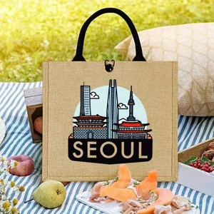 Sac cabas en jute durable avec impression de silhouette de Séoul, grand sac de courses.