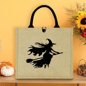 Large burlap tote bag with Halloween witch silhouette design, perfect for daily use and travel.