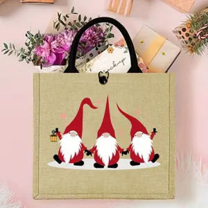Sac cabas en jute avec motif de lutin de Noël festif, idéal pour vos cadeaux et vos achats.