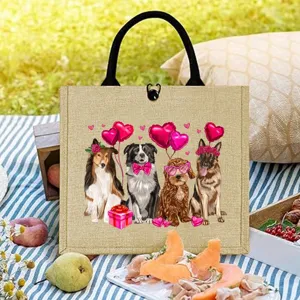 Stijlvolle jute shopper tas met schattige hondenprint voor Valentijnsdag, feest en reis.