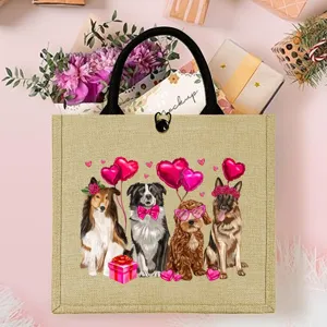 Valentijnsdag Jute Shopper Tas met Schattige Honden Print Casual Reizen Feest Handtas