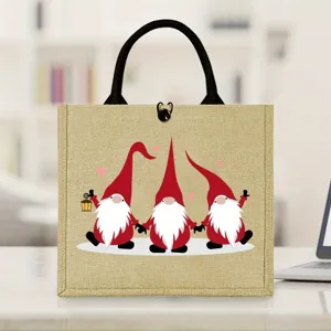 Sac cabas en jute gnome de Noël détail, joli sac cadeau festif avec impression pour fêtes.