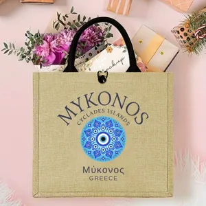 Evil eye tote bag burlap canvas Mykonos aesthetic gift bag stylish beach shopping bag accessory
