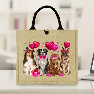 Gedetailleerd overzicht van de jute handtas met hondenprint, ideaal voor feestjes en gifts.
