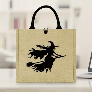 Stylish Halloween witch burlap tote bag, durable jute shopping handbag for daily use.