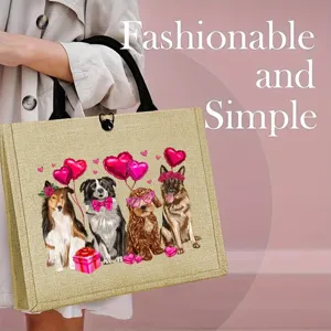 Jute shopper voor Valentijnsdag met schattige hondenprint, handige herbruikbare tas.