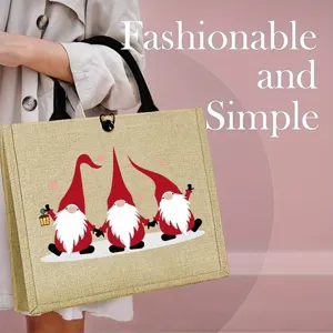 Sac Fourre-tout en Jute Imprimé Gnome de Joyeux Noël Sac à Main en Lin Rétro pour Cadeau de Fête Femme
