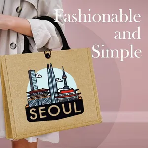 Sac Cabas en Jute Grande Capacité Style Séoul Sac à Main de Voyage Shopping Durable de Haute Qualité pour Femmes Imprimé Paysage Urbain