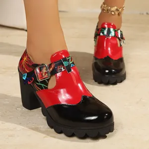 Zapatos de Tacón Grueso Profesionales para Mujer Cuero de Patente Patrón de Cocodrilo Bloque de Color Hebilla Metálica Tacones Altos Zapatos de Oficina