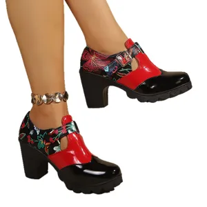 Zapatos Tacón Ancho Mujer Bloque de Color Flores Hebilla Retro Tacones Primavera