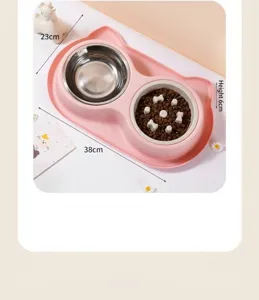 Gamelle double pour chat avec bol en inox et gamelle anti-glouton, design oreilles de chat.