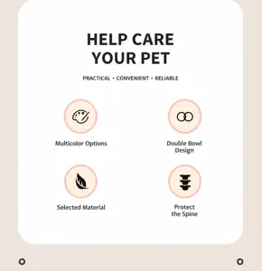 Infographie des caractéristiques du double bol pour animal avec plusieurs couleurs et design.