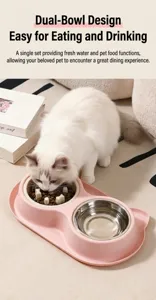 Détail de double gamelle pour animal avec écuelle anti-glouton et bac en acier inoxydable.