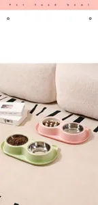 Double gamelle pour animal de compagnie avec gamelle anti-glouton et inox, rose et verte.