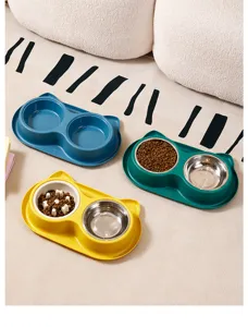 Set de double gamelle pour animaux avec anti-glouton et inox, design mignon d'oreilles de chat.