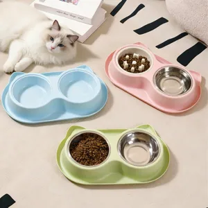 Mignonnes Gamelles Doubles pour Animaux de Compagnie en Forme d'Oreilles de Chat Bol d'Eau et de Nourriture en Acier Inoxydable Avec Rallonge d'Alimentation Lente Anti-Étouffement pour Chiens Chats