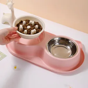 Gamelle double rose pour animaux avec insert anti-glouton et bol en acier inoxydable