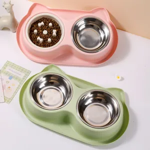 Ensemble de gamelles pour animaux avec mangeoire lente, oreilles de chat et acier inox.