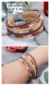 Bohemian multi-layer braided leather bracelet with magnetic clasp, stylish boho wrap bracelet for women.