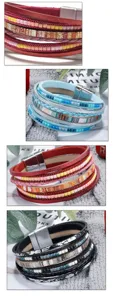 Detailed view of multi-layer bohemian leather wrap bracelets with colorful beads and clasps.