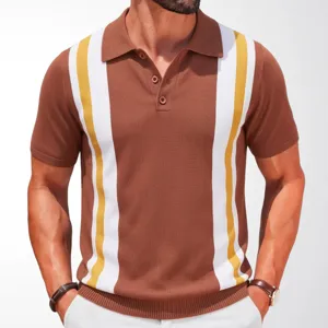 Close-up of men's knitted polo shirt featuring elegant vertical stripes for a casual summer look.