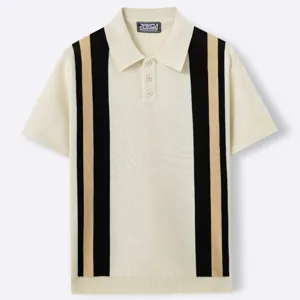 Men's knitted short sleeve polo shirt with vertical stripes casual summer top shirt