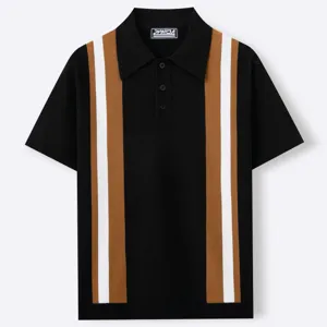 Men short sleeve knit polo shirt featuring stylish vertical contrast color stripes design.