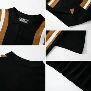 Detail view of men's knitted striped polo shirt collar, sleeve and textured fabric construction.