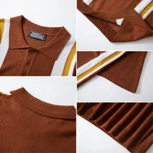 Close-up detail of mens knitted polo shirt collar texture, buttons, and striped pattern.