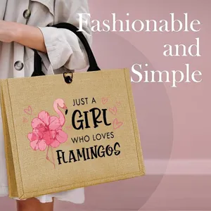 Flamingo print jute tote bag detail view, casual outdoor travel beach bag with sturdy handles.