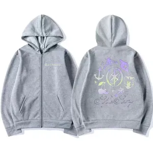 Katseye vintage grey zip-up hoodie with graphic back print and front chest logo streetwear.
