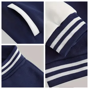 Close-up details of men's casual colorblock varsity jacket collar, cuffs, and pocket design.