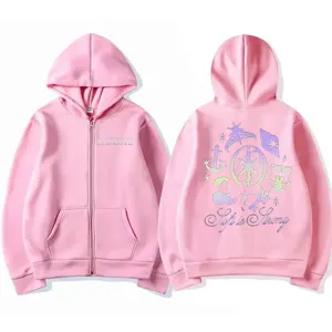 Pink zip-up hoodie featuring Katseye chest print and stylish back graphic artwork.