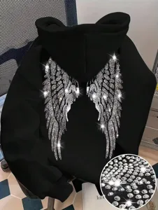 Rhinestone angel wings black hoodie Y2K streetwear long sleeve pullover top detail view