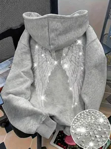 Grey Rhinestone Angel Wings Hoodie Long Sleeve Casual Pullover Top for Women Men
