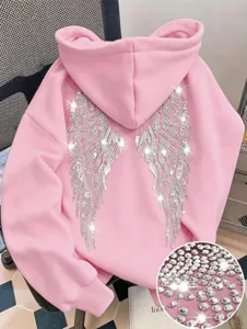 Pink rhinestone angel wings hoodie detail, casual long sleeve pullover sweatshirt.