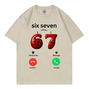 Classic cotton short sleeve t-shirt featuring funny six seven calling meme graphic.
