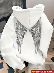 White hooded sweatshirt with black wing graphic on back, casual long sleeve streetwear top.
