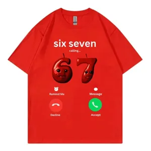 Funny 67 Is Calling meme cotton t-shirt for men and women, casual short sleeve red top.