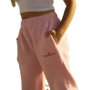 Women Pink Sweatpants Casual Joggers Embroidered Pocket Elastic Waist Trousers Fashion