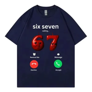 Close up detail view of the funny 67 calling meme graphic printed on the cotton t-shirt.
