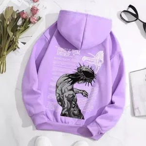Purple fleece-lined hoodie featuring a back graphic print and comfortable drawstring hood.