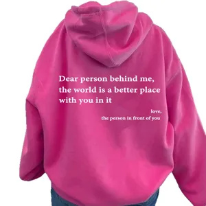Women's hot pink hooded sweatshirt, back view featuring inspirational English letter print.