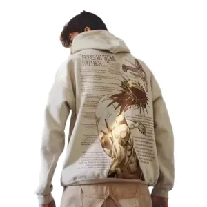 Men's fleece-lined hooded sweatshirt with graphic back print, casual streetwear pullover hoodie.