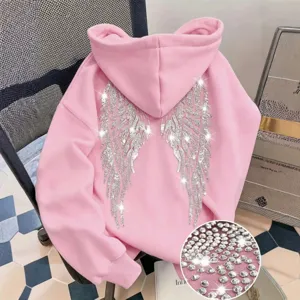 Women's Casual Long Sleeve Hooded Sweatshirt Rhinestone Wing Print Loose Pullover Streetwear Hoodie Top