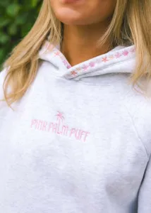 Felpa con cappuccio grigia ricamata con design rosa palm puff, maglione casual da donna comodo.