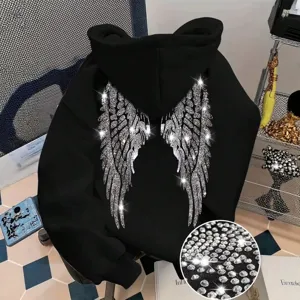 Black rhinestone angel wings hoodie for men and women streetwear long sleeve pullover