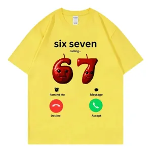 Funny 67 calling meme yellow t-shirt for men and women, casual pure cotton short sleeve top.